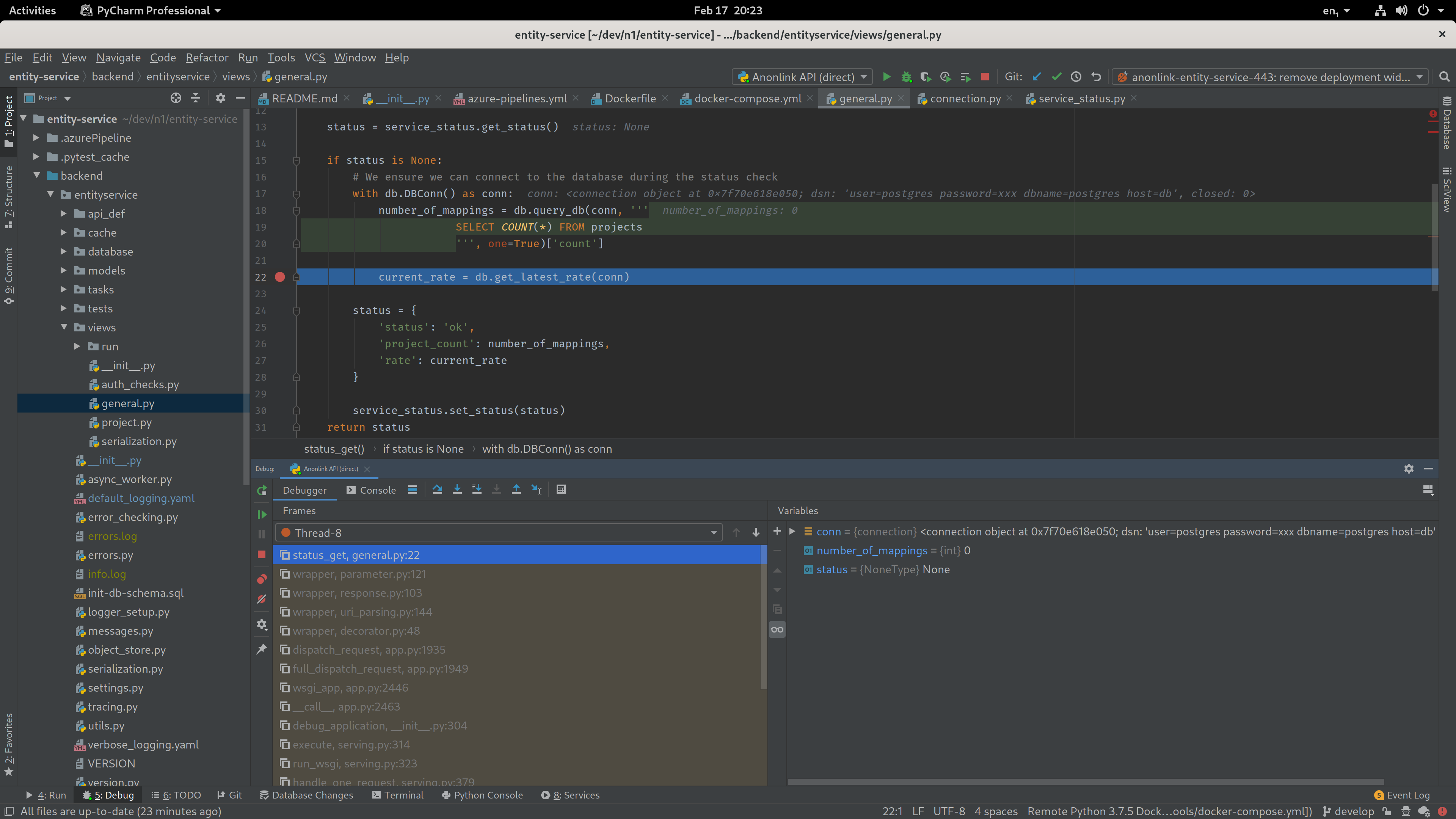 Debugging an Anonlink endpoint in PyCharm